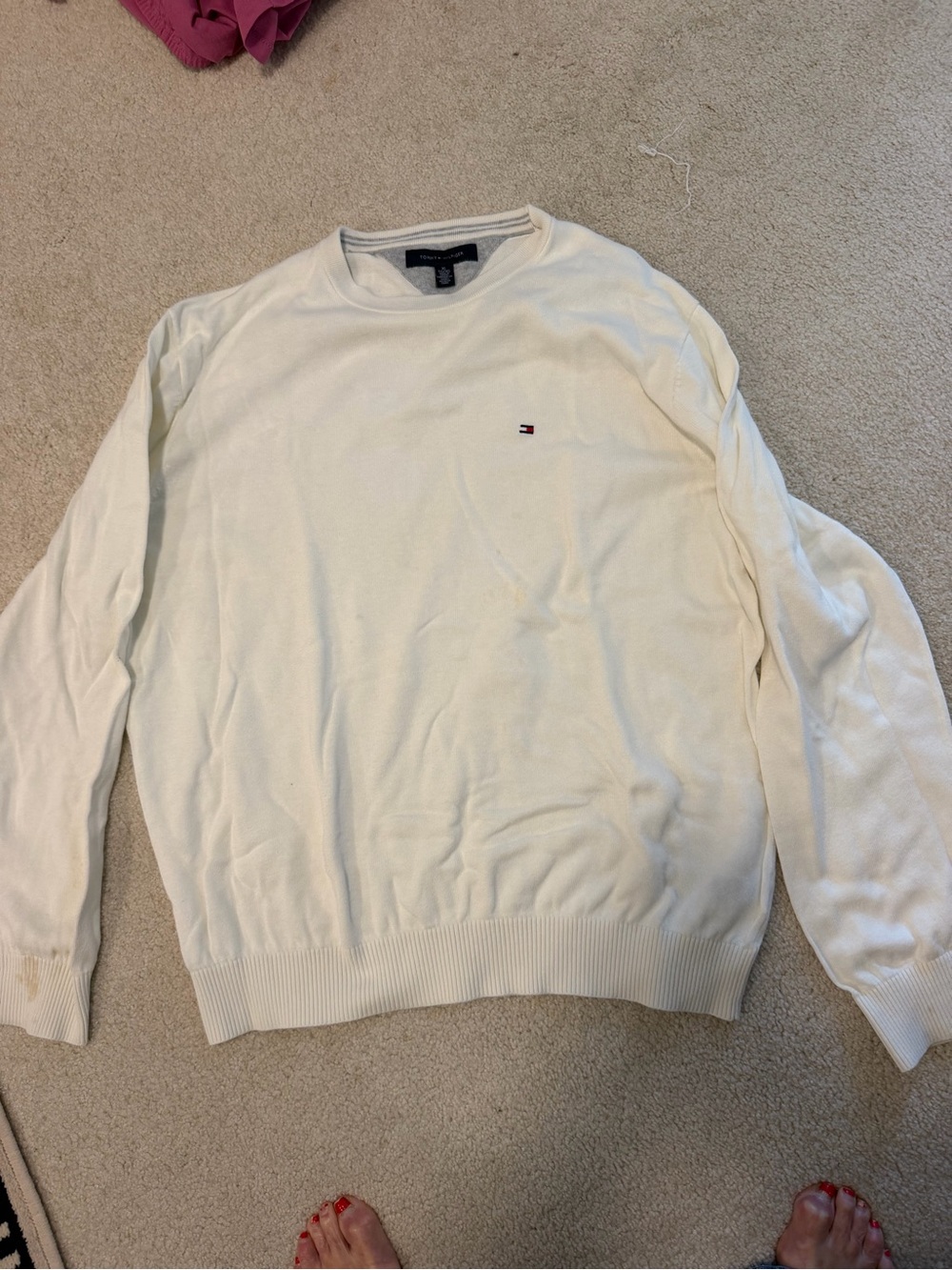 Tommy Hilfiger Men’s Cream Crewneck Sweater with Flag Logo